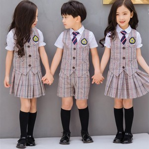 girls boys british style  school uniforms Plaid vest short sleeve shirt 3-piece kindergarten uniform primary school uniforms