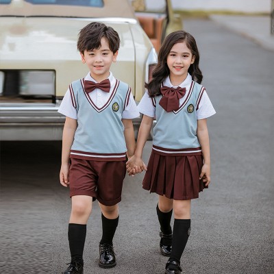 Girls boys British style school uniforms Short sleeve two piece school uniform for boys and girls in children's College
