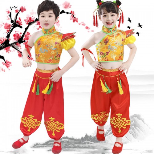 Girls boys Chinese folk dance costumes China dragon waist drum performance clothes for kids children yangko new year celebration lion dance wear for boys girls