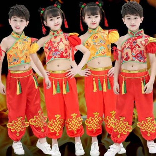 Girls boys chinese folk dance kunfu martial costumes children china dragon drummer stage performance costumes