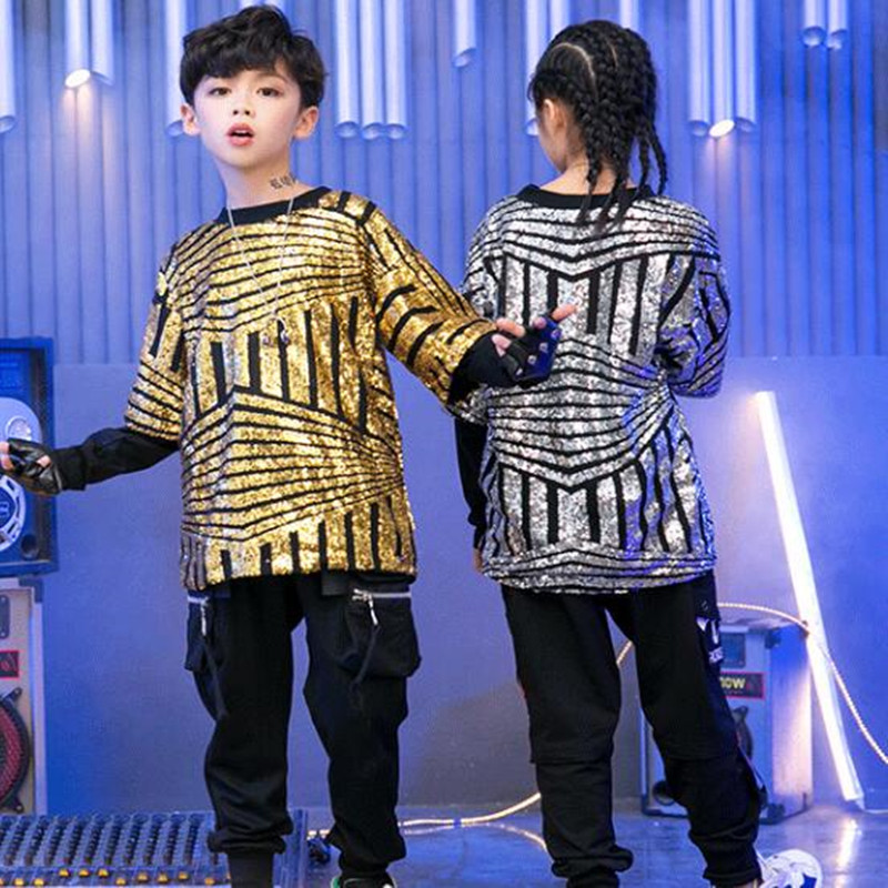 Girls boys gols silver sequin jazz dance costumes model show hiphop street dance outfits for children school recital competition tops and pants