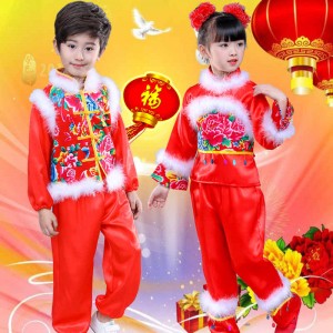 Girls Boys Kids Chinese folk  Dragon Dance Costumes Yangge New Year Celebration Waist drum lantern dance clothes for children