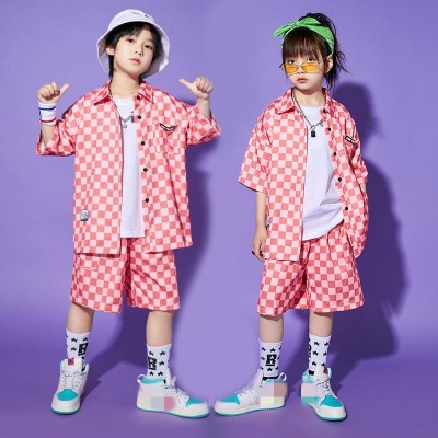 Girls boys pink plaid hiphop street singer rapper jazz dance outfits performance populargarment girls hip-hop costumes