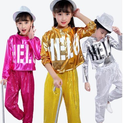 Girls boys pink silver sequin jazz dance costumes children hiphop dancers street dance costumes