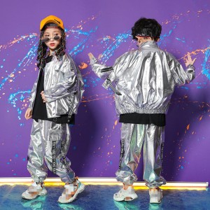 Girls boys silver street hiphop dance costumes modern dance silver gogo dancers model show performance jacket and pants