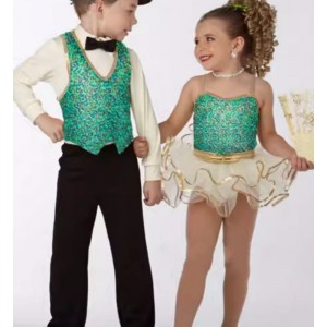 Girls Boys Toddlers Green Turquoise sequins jazz dance costumes ballerina ballet dance tutu skirts modern dance stage performance outfits for kids