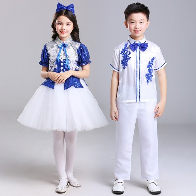 Girls boys white with blue jazz dance costumes children shcool competition chorus stage performance dress 