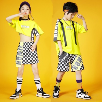 Girls boys yellow plaid hiphop street rapper jazz dance outfits day costumes boys hip-hop dance suit girl jazz dance games performance of clothing