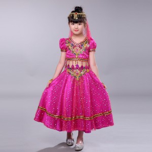 Girls children belly dance dresses red pink indian queen dance cosplay robes costumes