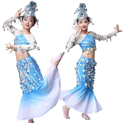 Girls children chinese folk dance costumes blue sequins peacock dai minority stage performance mermaid dress belly dance dress