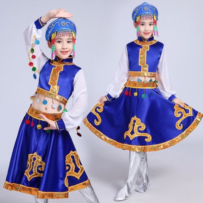 Girls children Chinese folk dance costumes children blue colored ancient traditional Mongolian minority stage performance drama cosplay robes 