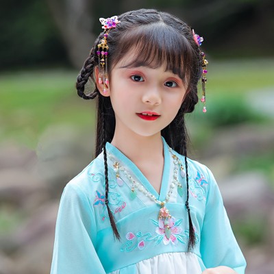 Girls children chinese folk dance dresses hanfu butterfly hair accessories fairy princess dresses traditional classical dance headdress