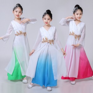 Girls children fairy Chinese folk dance costumes for children pink blue traditional classical yangko fan zheng performance dress