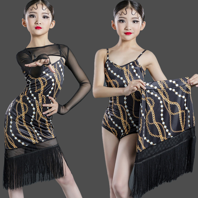 Girls Children Leopard latin Dance dresses kids stage performance latin dance skirts for kids rumba chacha ballroom dance dress 