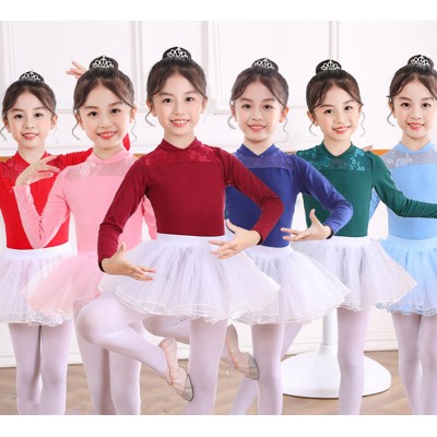 Girls children pink white blue ballet dance dress modern dance exercises long-sleeved lace clothes gymnastics practice stage performance tutu skirts for kids