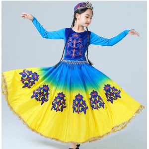 Girls children red blue Chinese Xinjiang dance costumes kids minorities Uyghur dance long skirts 