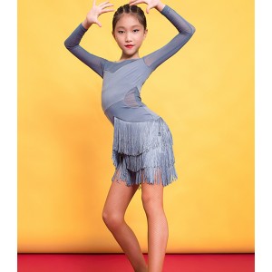 Girls Children silver gray fringed latin dance dress latin practice clothes latin performance competition clothes for children