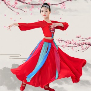Girls Chinese folk classical dance costumes Children's elegant fan and umbrella dance Red Hanfu Fairy Dresses Ancient Chinese style folk dance outfits