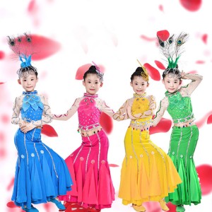 Girls chinese folk dance costumes ancient traditional belly peacock stage performance competition dresses