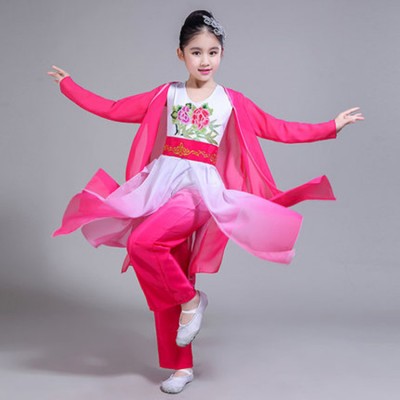 Girls chinese folk dance costumes ancient traditional fairy hanfu yangko fan umbrella dance costumes