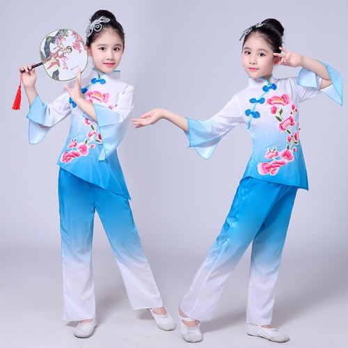 Girls Chinese folk dance costumes fairy dress pink green blue gradient colored ancient traditional yangko fan oriental umbrella stage performance dresses