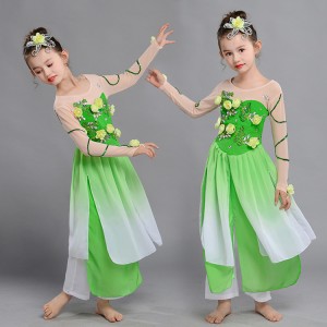 Girls Chinese folk dance costumes green flowers ancient traditional yangko fairy umbrella fan dance dresses