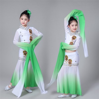 Girls chinese folk dance costumes green gradient hanfu water sleeves ancient traditional yangko fairy cosplay dress costumes