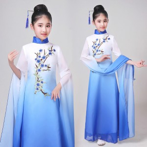 Girls chinese folk dance costumes kids hanfu water sleeves white with blue ancient traditional classical dance fairy drama cosplay dresses