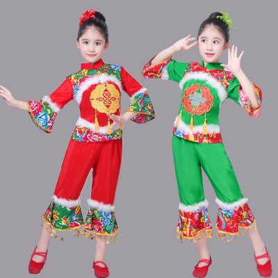 Girls Chinese folk dance costumes kids yangge yangko fan dance clothes dress 