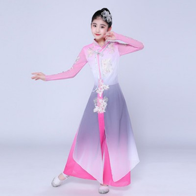 Girls chinese folk dance costumes pink colored kids children ancient traditional yangko hanfu fairy umbrella fan dance dresses