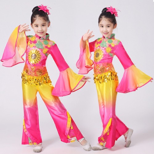 Girls Chinese folk dance costumes rainbow yangko yange fan umbrella fairy dance costumes dresses