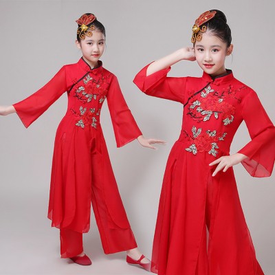 Girls chinese folk dance costumes red colored traditional hanfu ancient traditional yangko fan umbrella dance dresses 