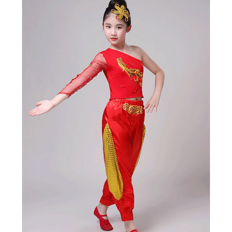 Girls chinese folk dance costumes stage performance ancient traditional yangko fan umbrella dance dresses