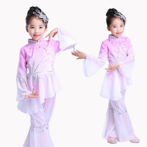 Girls chinese folk dance costumes violet gradient color kids children school fairy ancient traditional yangko fan stage performance dresses