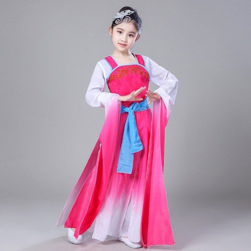 Girls chinese folk dance costumes water fall sleeves pink blue  ancient traditional yangko fairy drama cosplay robes dresses