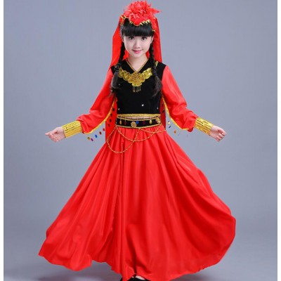Girls chinese folk dance costumes xinjiang minority Kazakh national style clothing Uygur Hui performance dress