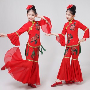 Girls chinese folk dance costumes yangko fan umbrella dance dress hanfu fairy ancient traditional classical dance costumes