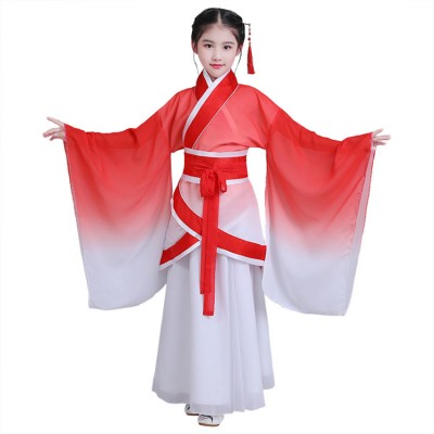 Girls Chinese folk dance dress blue red gradient color fairy drama cosplay hanfu kimono stage performance competition robes