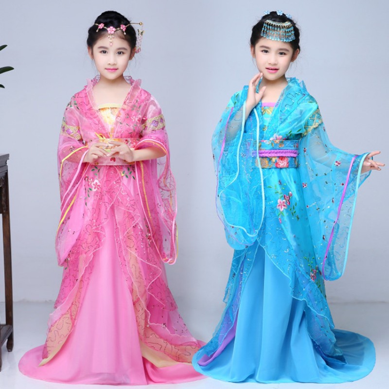 Girls chinese folk dance dresses  ancient hanfu for kids children classical traditional empress drama cosplay stage performance dress robes
