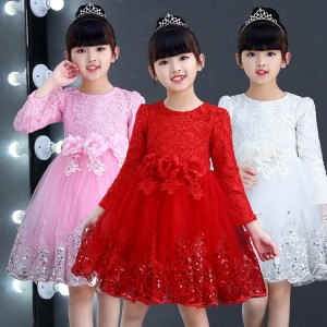 Girls Chinese folk dance dresses chorus singers school new year celebration dresses flower girls wedding party lace princess dress