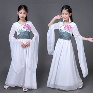 Girls Chinese folk dance dresses lotus white colored fairy cosplay ancient traditional yangko fan dance umbrella dance dress costumes