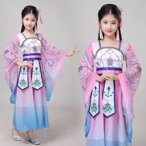 Girls chinese folk dance dresses pink colored kids children fairy hanfu princess Tang  Dynasty queen drama cosplay dress costumes 