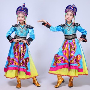 Girls chinese folk dance mongolian costumes blue yellow stage performance drama cosplay robes dresses