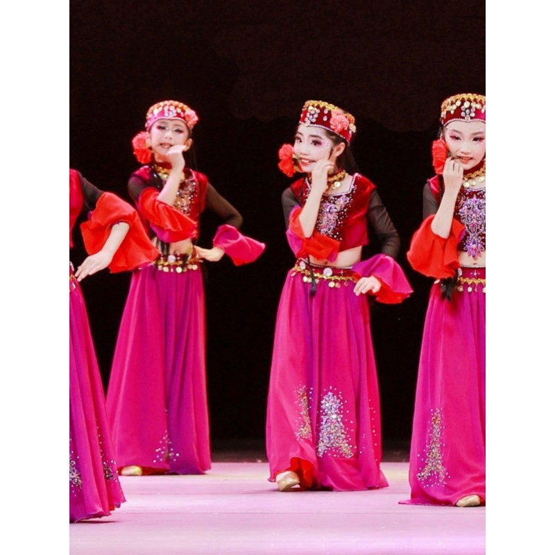Girls chinese folk dance Xiaoguli Xinjiang Uygur dance dresses for Children Kazakh dance costumes ethnic minority performance wear for kids