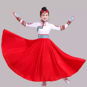 Girls chinese folk Mongolian dance dresses red color children Mongolian chopsticks dance gown for kids chinese minority ethnic dance long skirts for Girls
