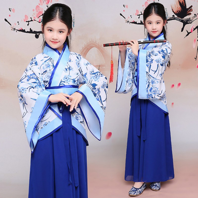 Girls chinese hanfu clothes for kids photos studio performance japan kimono ancient white and blue pattern drama anime cosplay robes 