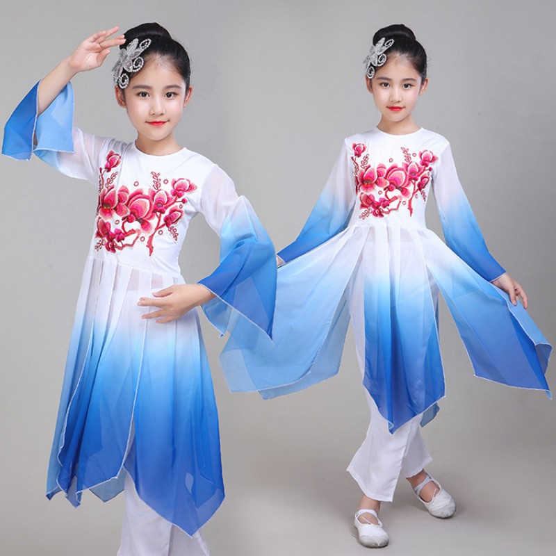Girls Chinese Traditional Dance Costume for Stage Child National Folk Fan Dance Clothing Umbrella Oriental Dancer Wear Show