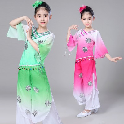 Girls Chinese Traditional Dance Costume for Stage pink green gradient Child National Folk Fan Dance Clothing Umbrella Oriental Dancer Wear Show 