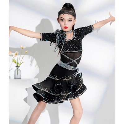 Girls competition latin dance dresses gemstones Black race clothes for girls ballroom tango salsa senior performance outfits for kids