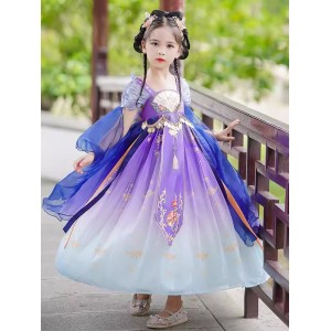 Girls exotic Violet purple Hanfu chinese folk dance dress fairy princess cosplay dress kids short sleeve princess queen skirts for child